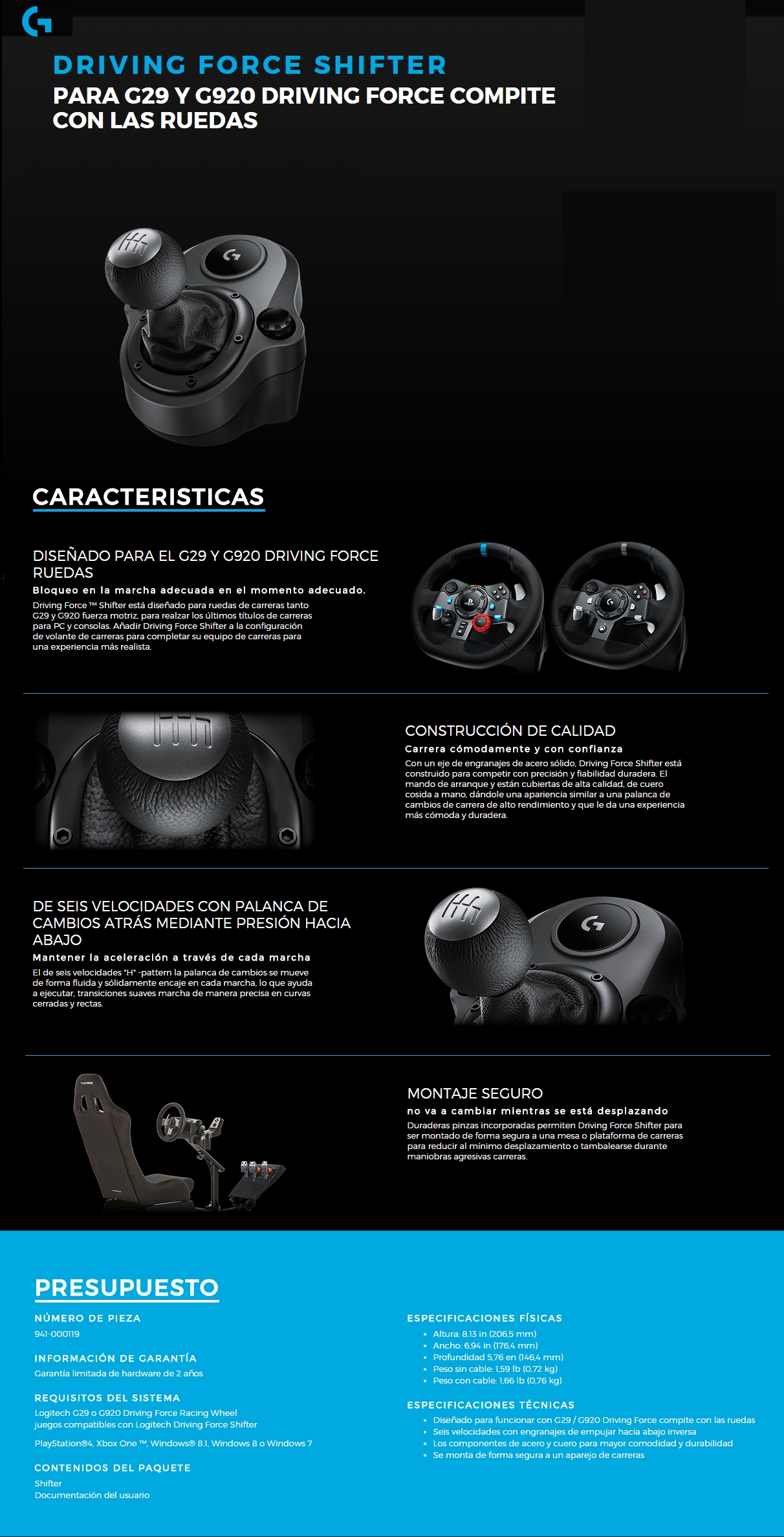 Timón de Carreras Logitech G29 + Palanca de Cambios Shifter LOGITECH