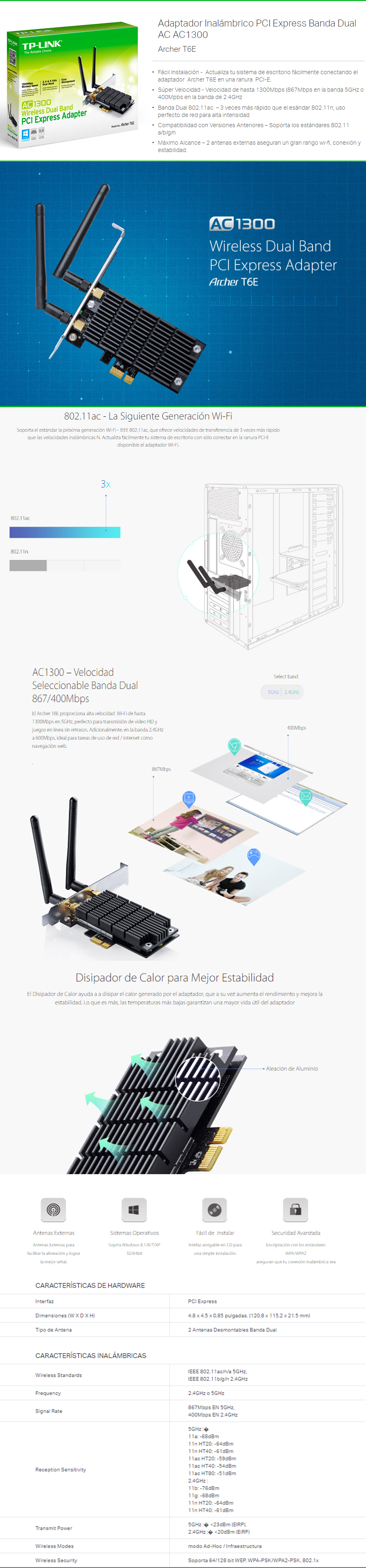 Placa Red Pci-E Tp-Link Archer T6e Ac1300 Dual Band