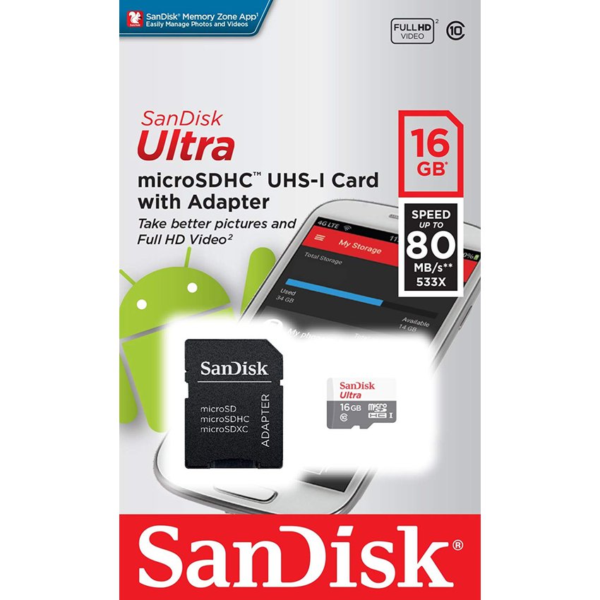 Memoria Micro Sd Sandisk Con Adaptador Sd 16 Gb Clase 10